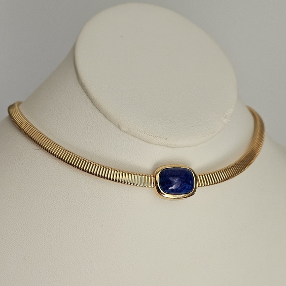 Dior Choker Necklace Vintage 80s Dior Chunky Gold Tone Blue Faux Stone - Picture 15 of 16